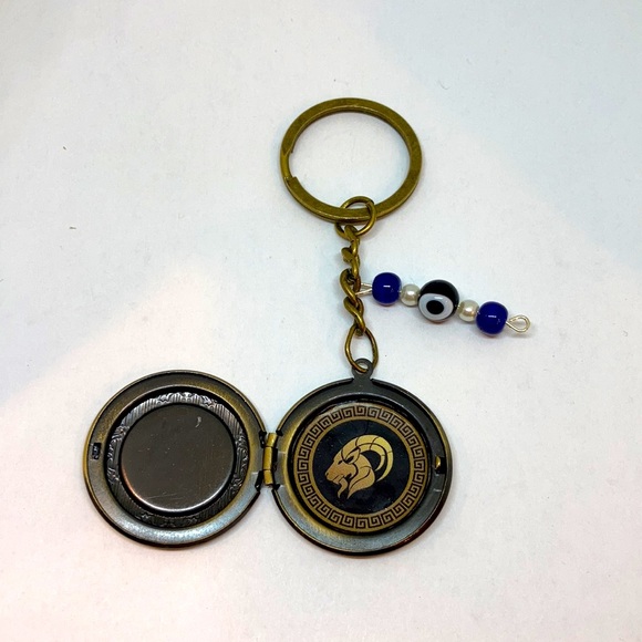 Zodiac Capricorn Locket Keychain: Ambition w/ Greek Key & Evil Eye Charm - Picture 2 of 3